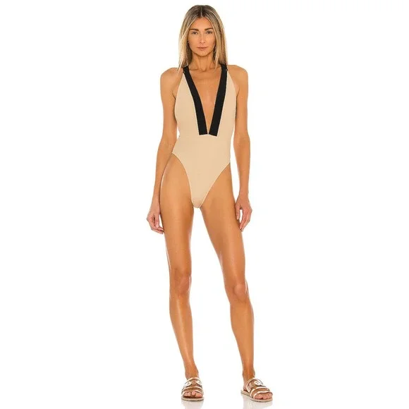 New Michael Costello Talliah One Piece Swimsuit Tan Black Crisscross Back Sz S - Picture 1 of 10